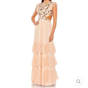 MacDuggal Embroidered Bodice Cap Sleeve Ruffled Tiered Gown